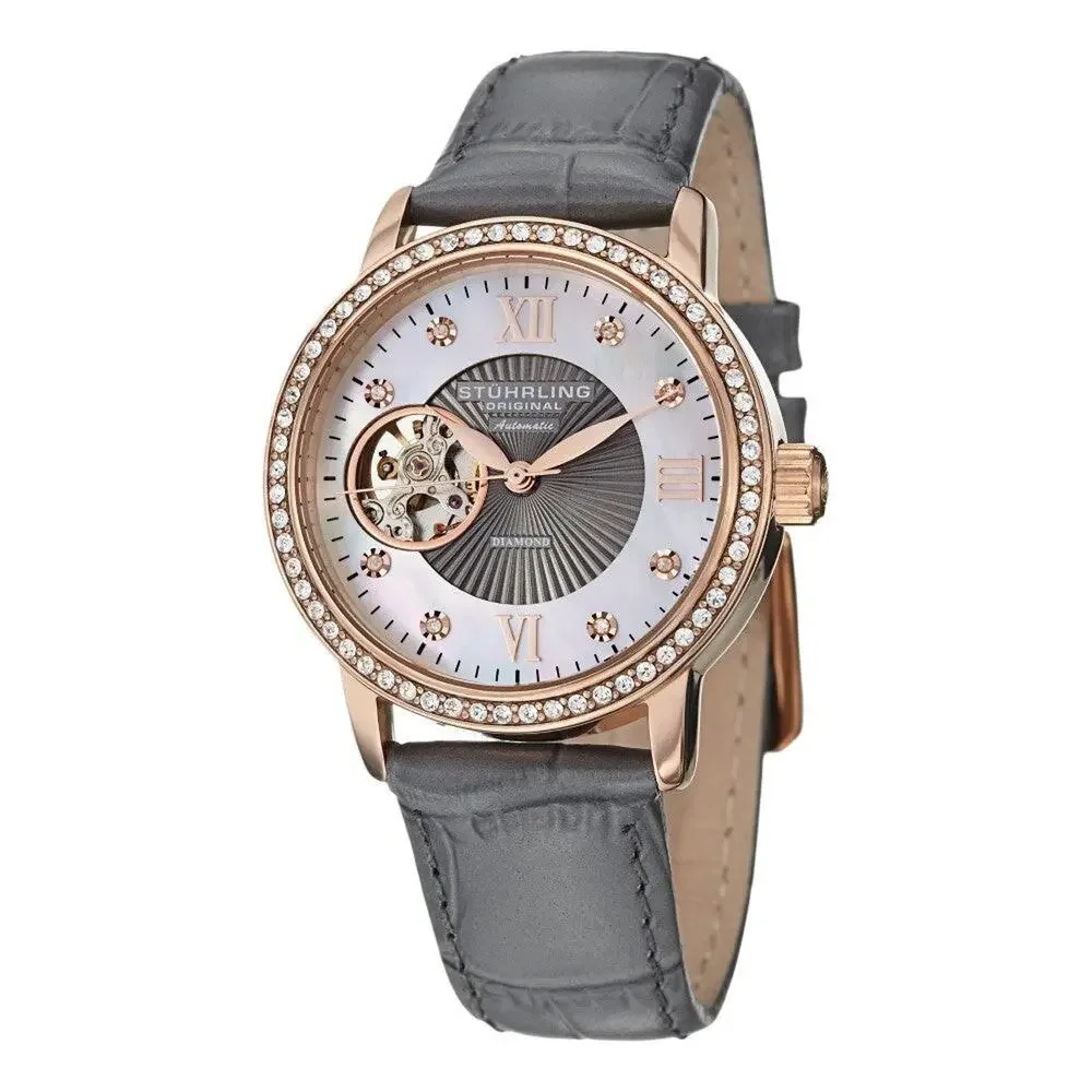 Stührling Original Women’s Automatic Analog Watch Rose Gold Gray Leather w/ Box